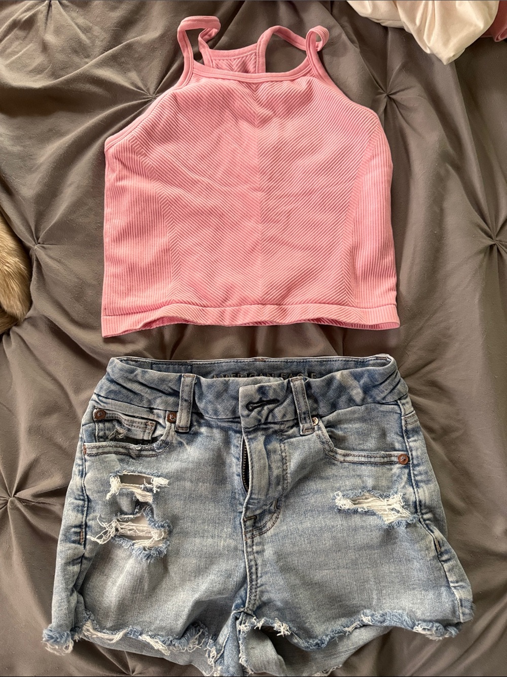 Light Pink Ribbed Halter Tank and American Eagle Shorts